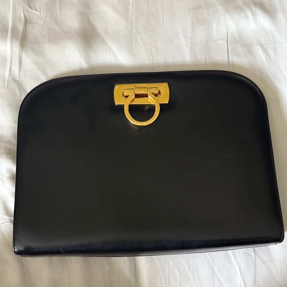 SOLD!!! Vintage Salvatore Ferragamo Elegant Black Clutch with Gold Accent